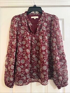 LOFT Burgundy Floral Ruffle V-Neck Blouse